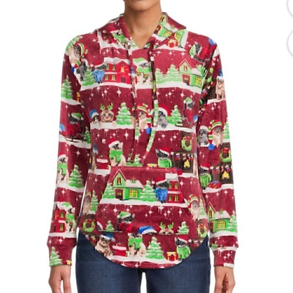 NWT Large Christmas Kitten Plush Pullover Hoodie